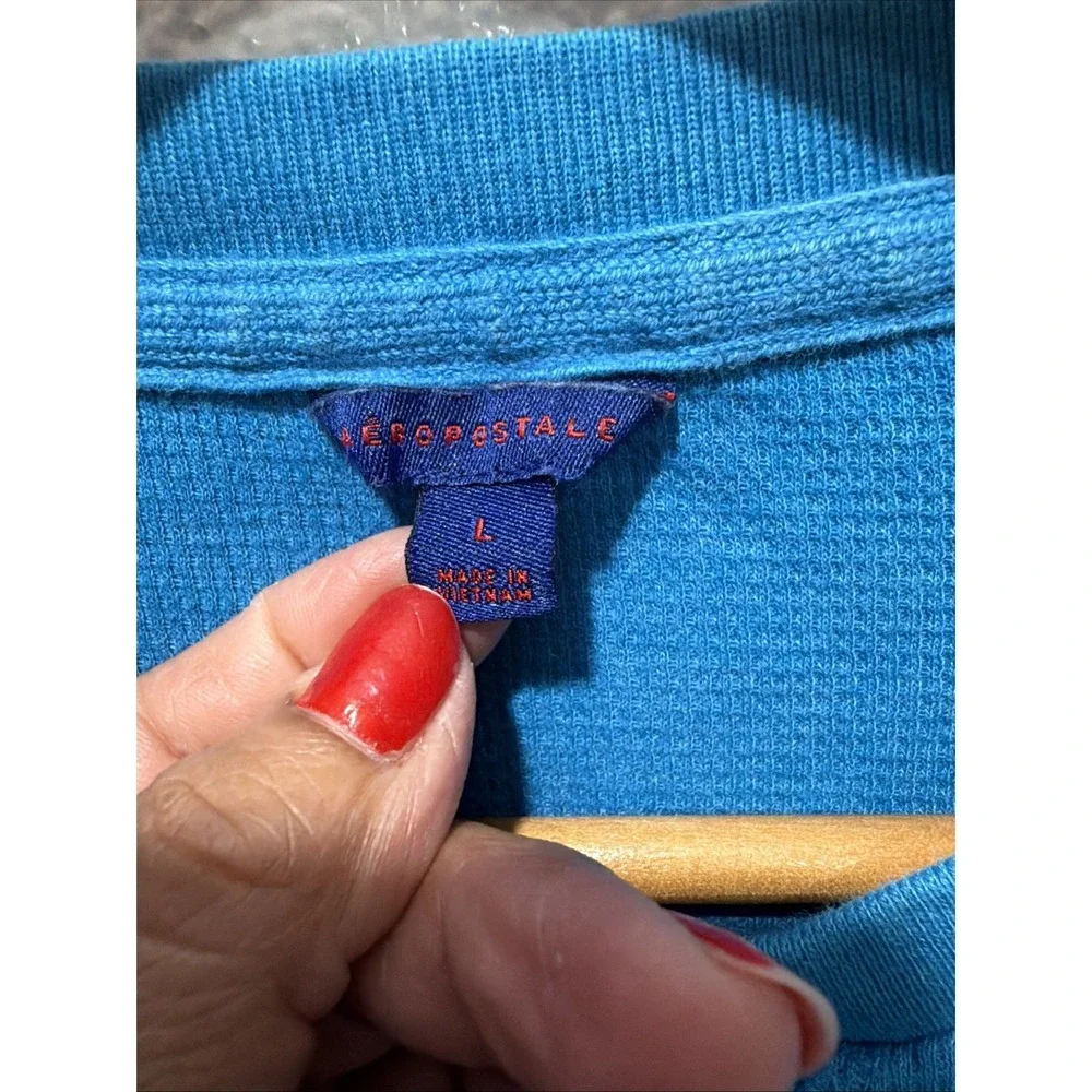 Aeropostale Shirt Mens L Blue Thermal Waffle Knit Long Sleeve Crewneck Tee